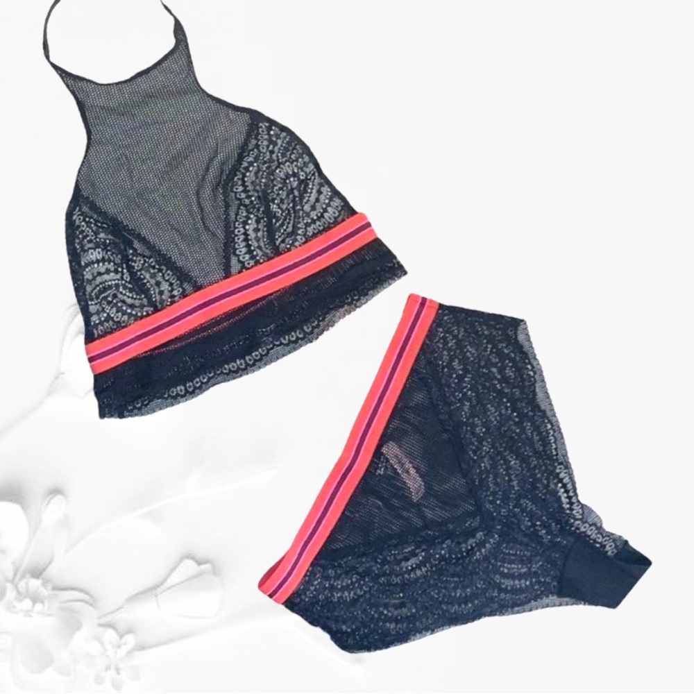 Victoria's Secret Black Lace Bralette & Brief Set with Pink Striped Band